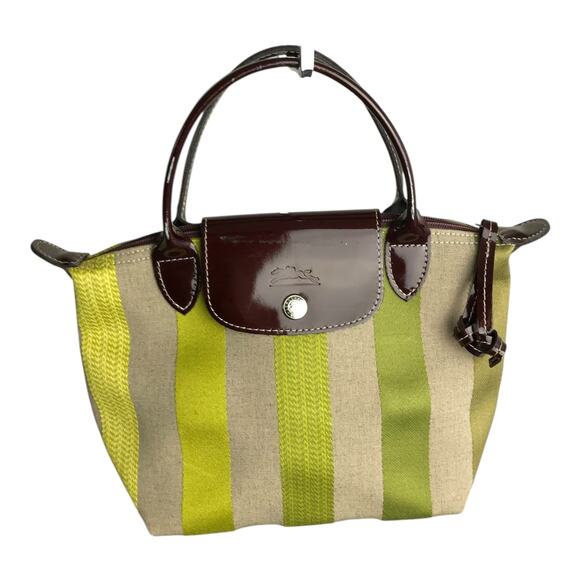 Longchamp Handbag Womens Green Striped Patent Leather Closure & Strap Classic